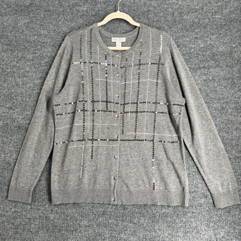 Christopher & Banks Womens Sequined Cardigan Sweater Size L Gray Button Up New